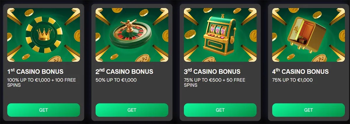 Casino bonus cards displaying four welcome offers with themed icons (chip, roulette wheel, slot machine, and safe), each including deposit match details, free spins, and a green “Get” activation button