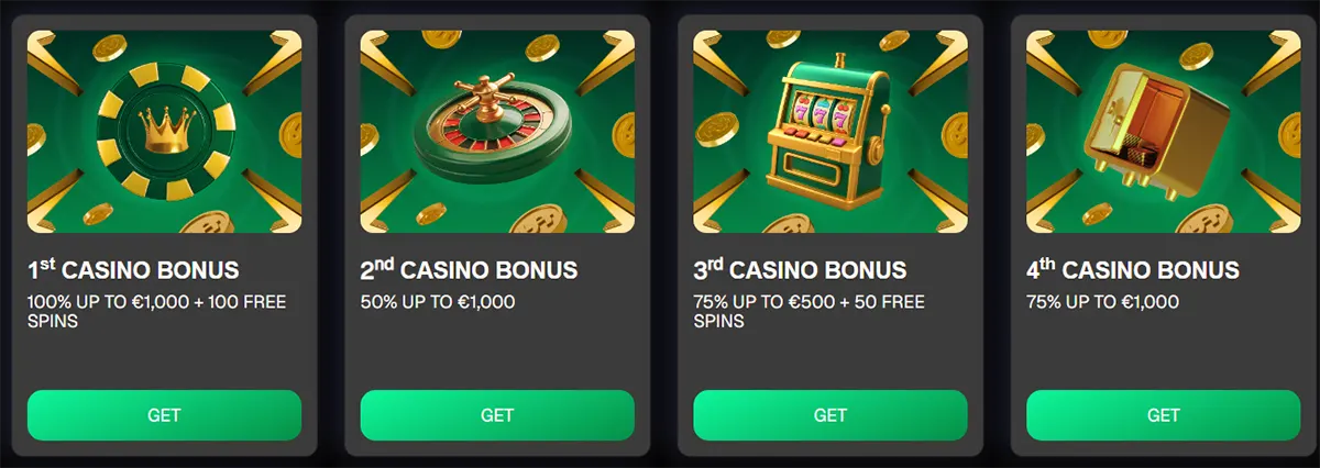 Casino bonus cards displaying four welcome offers with themed icons (chip, roulette wheel, slot machine, and safe), each including deposit match details, free spins, and a green “Get” activation button