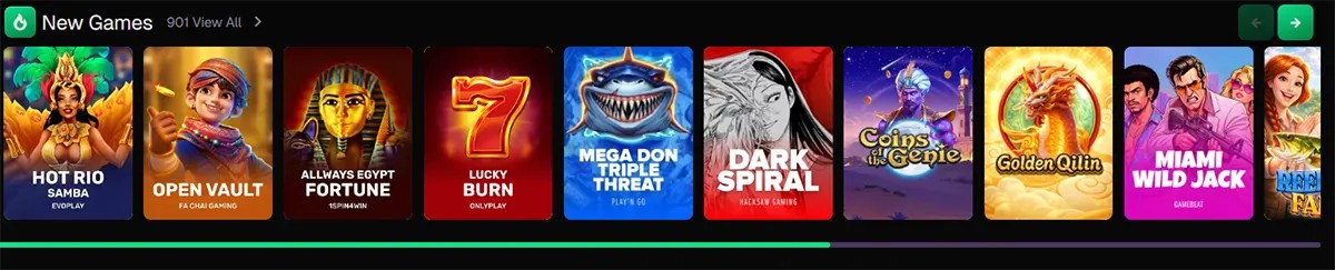 Horizontal “New Games” carousel showcasing recently added slot titles such as Hot Rio Samba, Open Vault, Always Egypt Fortune, Lucky Burn, Mega Don Triple Threat, Dark Spiral, Coins of the Genie, Golden Qilin, and Miami Wild Jack, with colorful thumbnails and navigation arrows for browsing