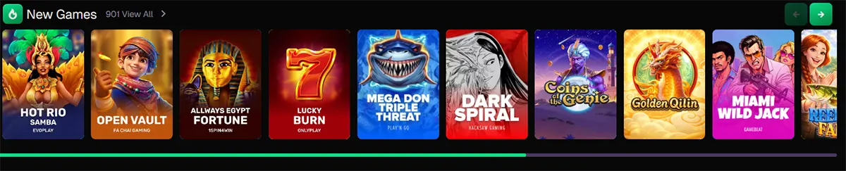 Horizontal “New Games” carousel showcasing recently added slot titles such as Hot Rio Samba, Open Vault, Always Egypt Fortune, Lucky Burn, Mega Don Triple Threat, Dark Spiral, Coins of the Genie, Golden Qilin, and Miami Wild Jack, with colorful thumbnails and navigation arrows for browsing