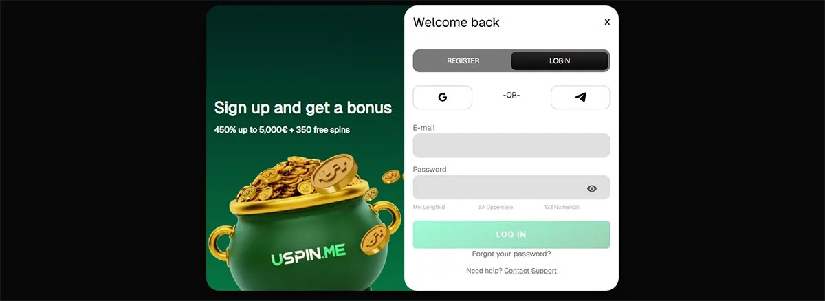 Casino login pop-up with email and password fields, social login options, and a “Log In” button, displayed alongside a promotional banner offering 450% up to €5,000 + 350 free spins with a coin-filled pot graphic