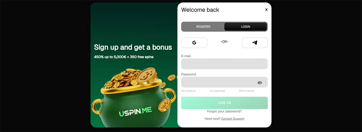 Casino login pop-up with email and password fields, social login options, and a “Log In” button, displayed alongside a promotional banner offering 450% up to €5,000 + 350 free spins with a coin-filled pot graphic